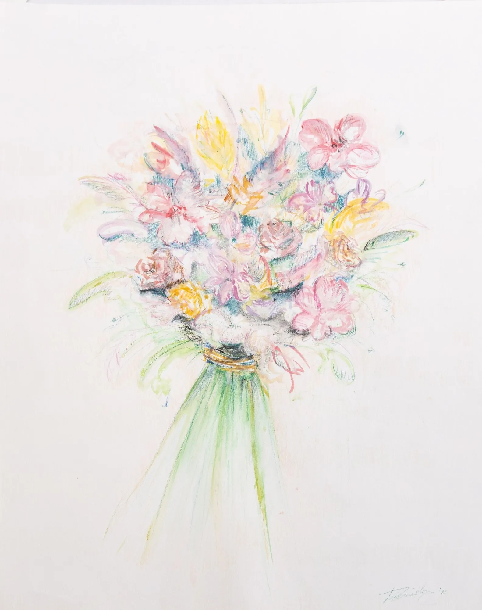 Soft pastel bouquet of pink, yellow and lilac flowers tied with a ribbon