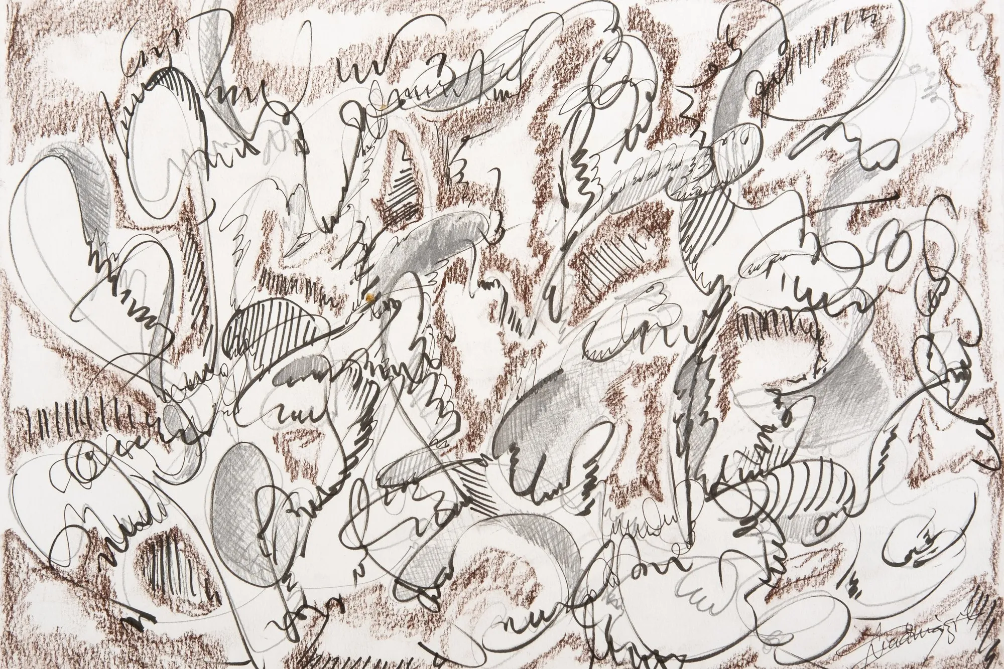 Dense ink and graphite doodle over brown crayon