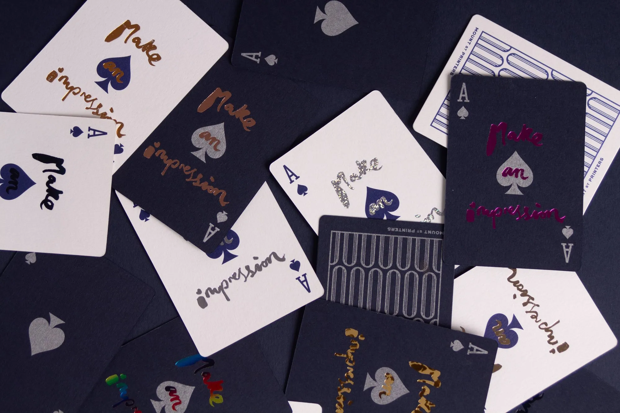 The "Make an impression" playing cards, foiled in copper, silver, pink and holographic