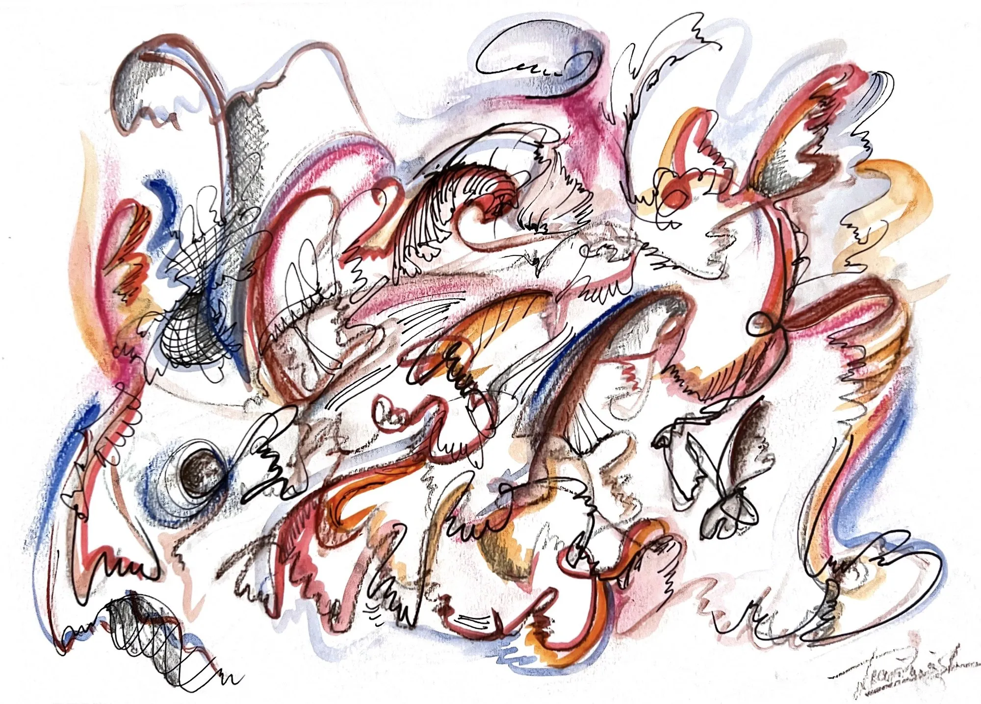 Abstract doodle of looping ink lines with red, orange and blue pastel
