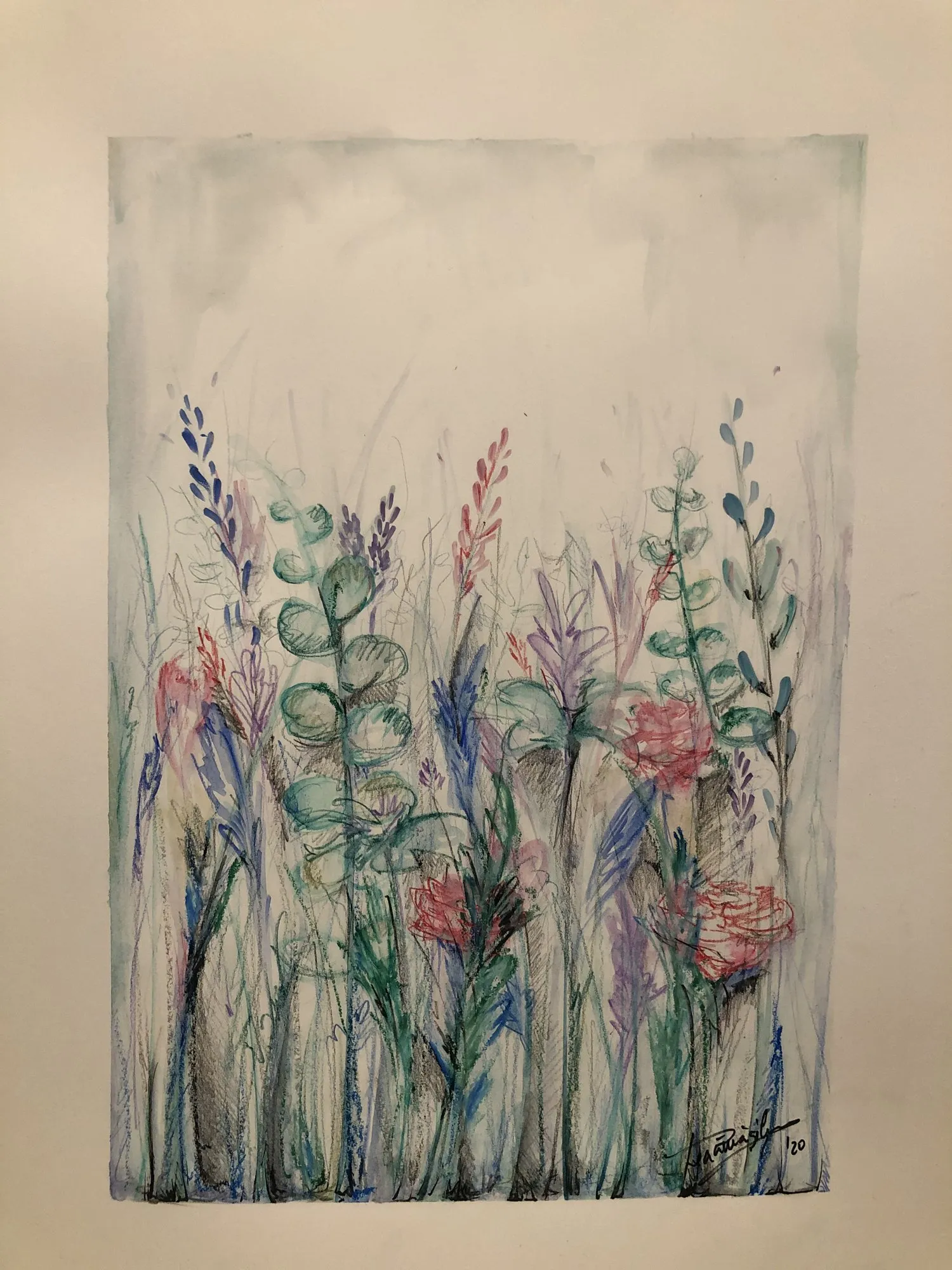 Watercolour meadow of tall wildflowers in teal, blue, violet and pink