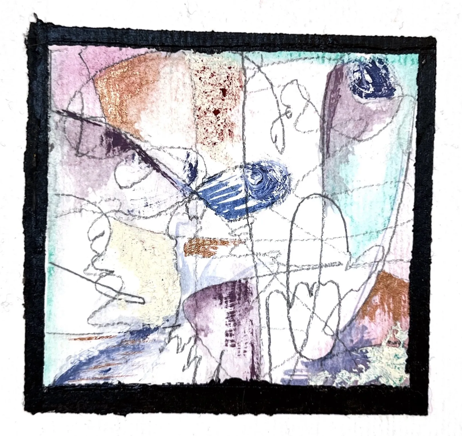 Small abstract painting in pink, teal and copper inside a painted black frame
