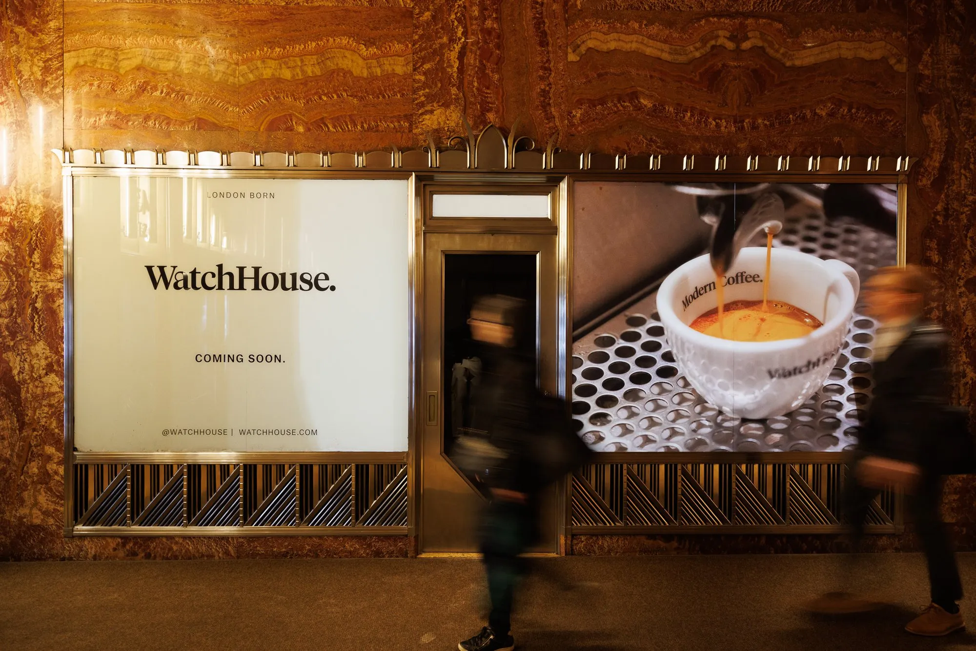 WatchHouse window graphics in the Art Deco lobby of the Chrysler Building, New York