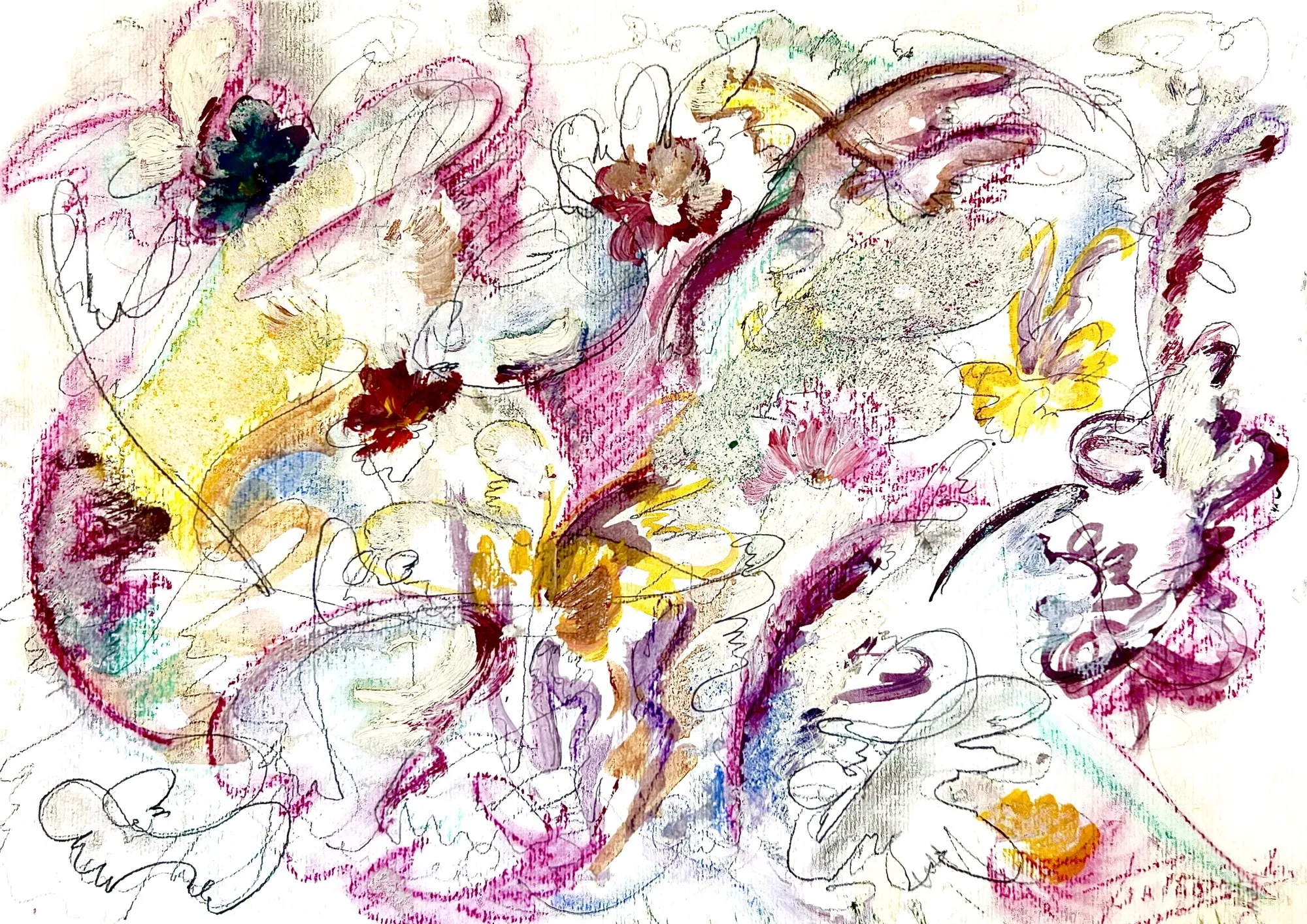 Abstract flowers in magenta, yellow and deep red with pencil loops