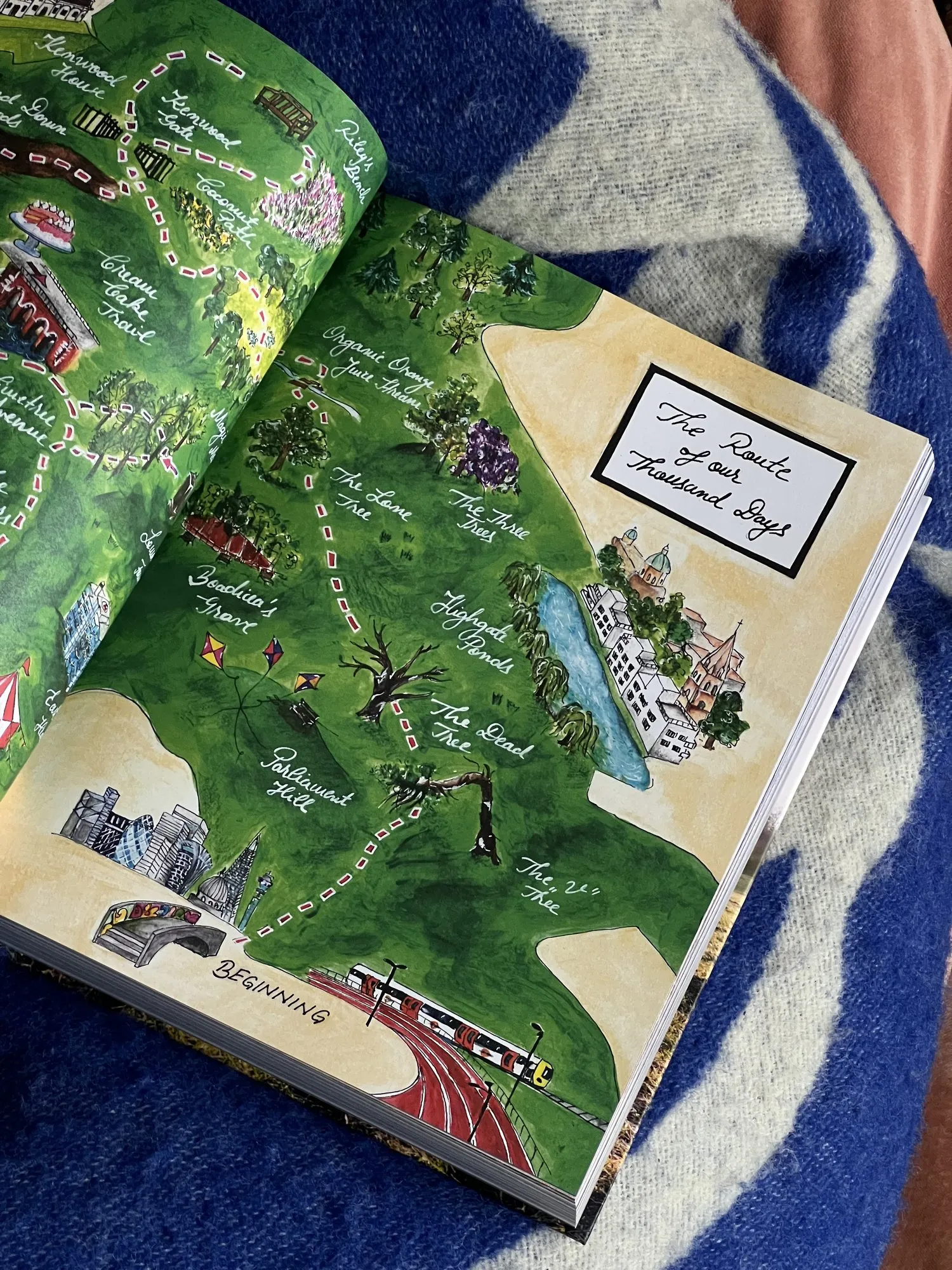 Lea’s hand-painted map of Hampstead Heath in the book: The Route of our Thousand Days