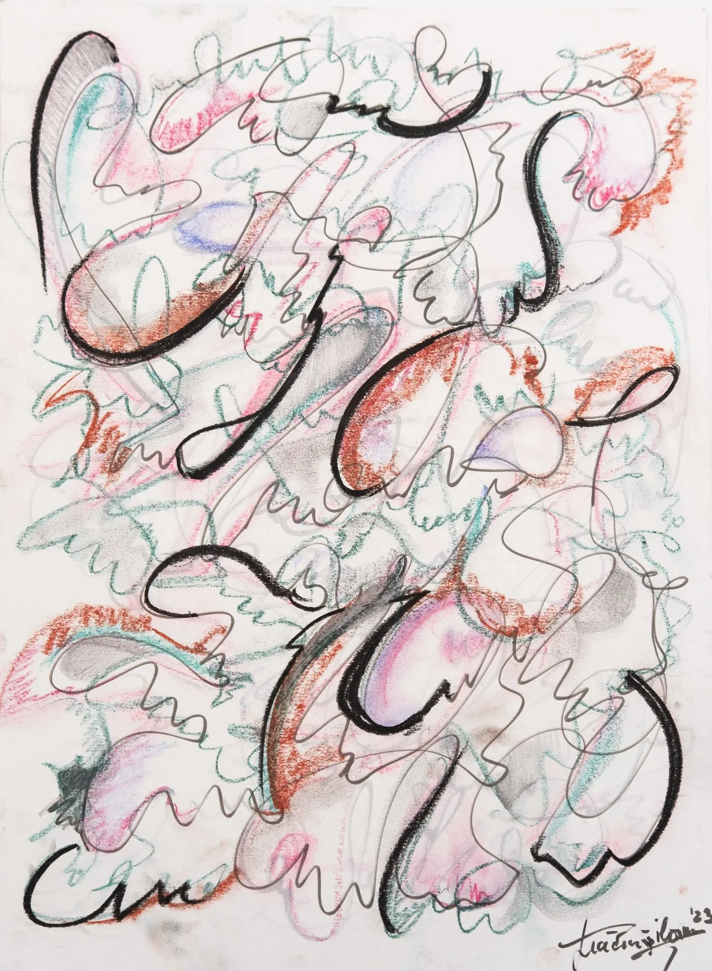 Bold black calligraphic loops over pink, green and rust pencil
