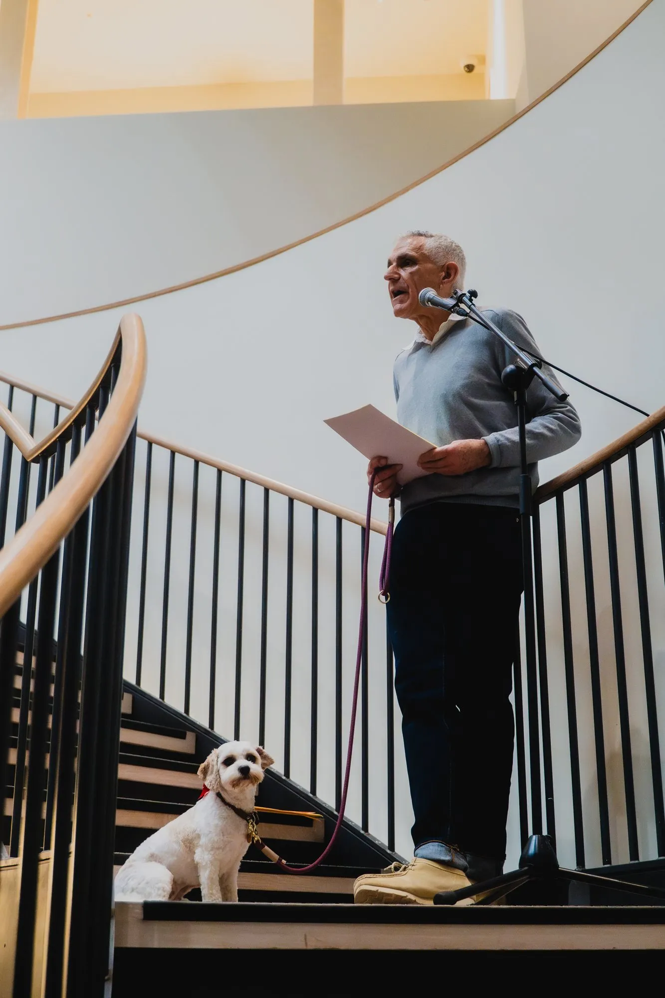 Jonathan Posner reading on the stairs, his dog beside him