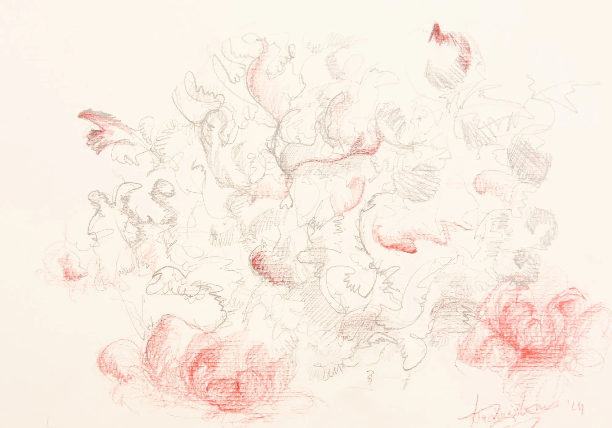 Graphite doodle with soft red pencil flowers along the bottom