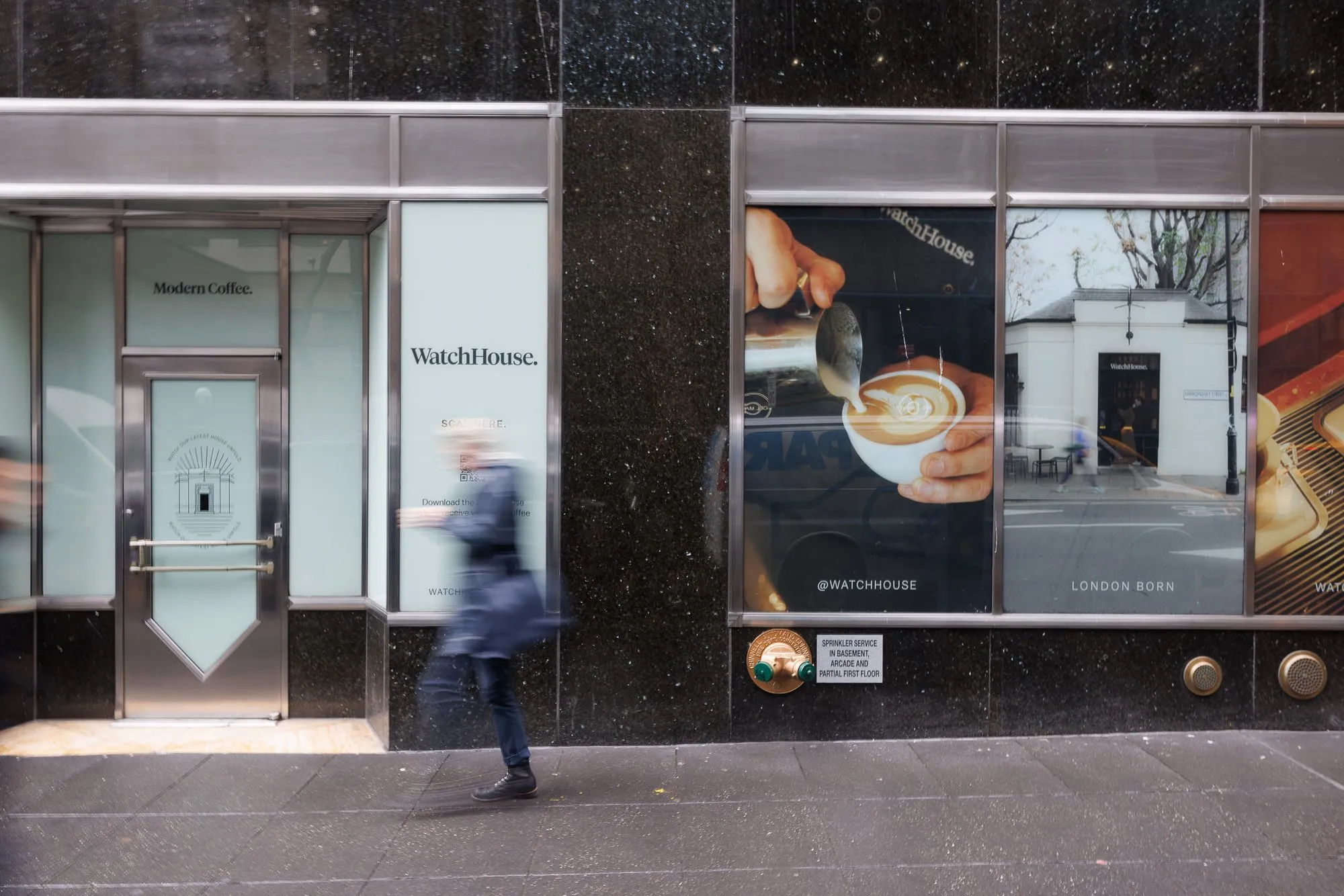 WatchHouse window posters in New York: latte art and the London Bermondsey shop