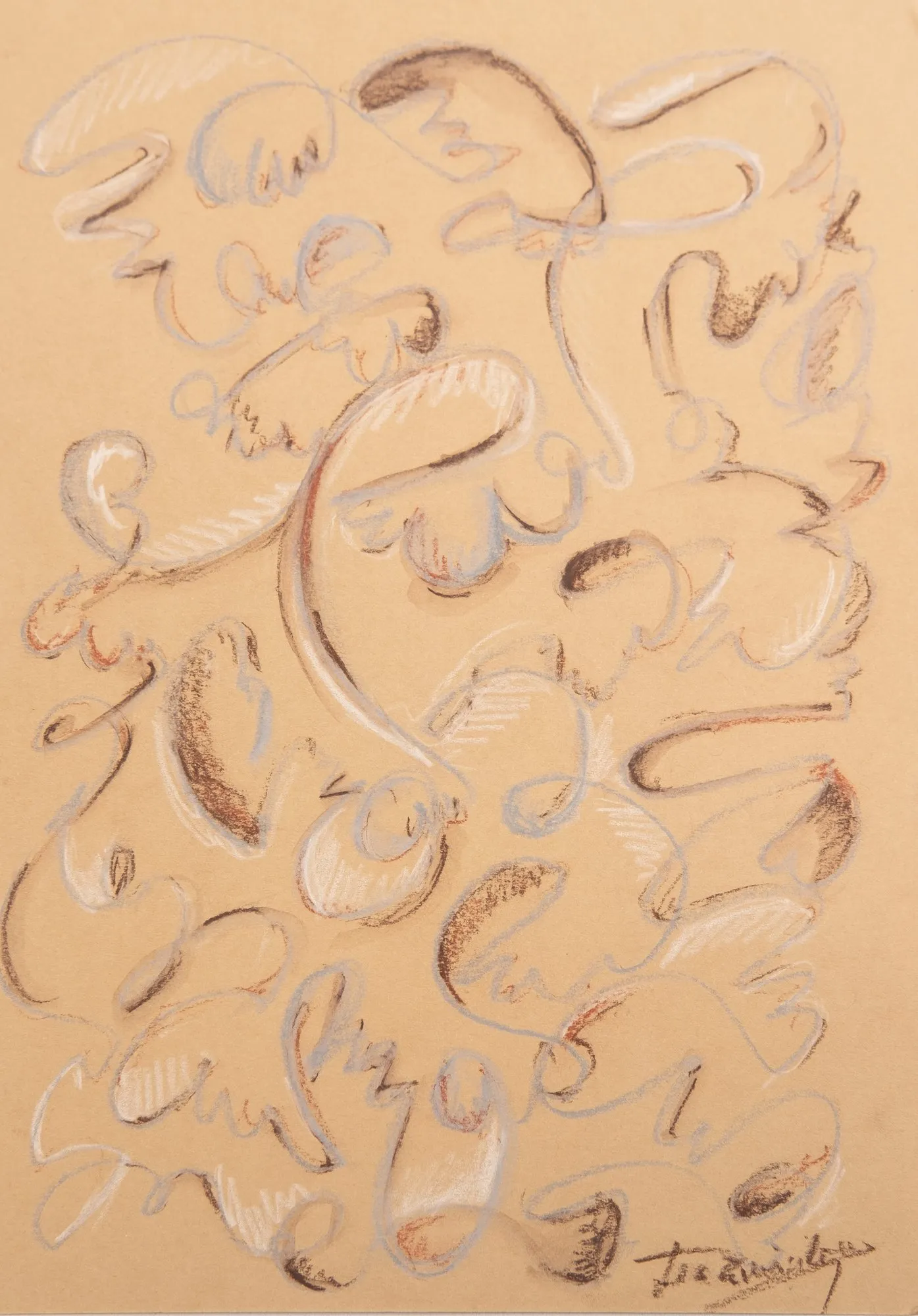 Swirling pastel shapes in white, grey and brown on tan paper