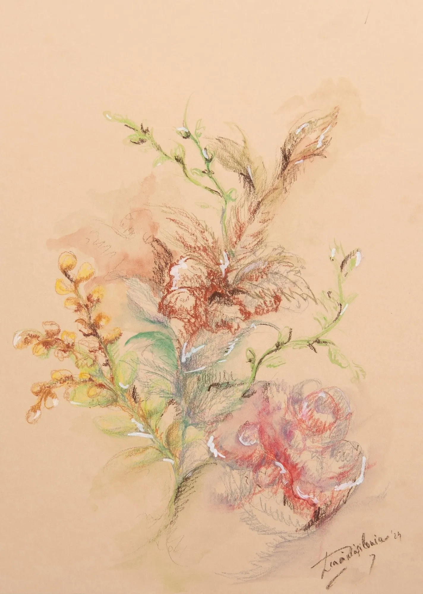Flowers and buds in rust, pink and green on tan paper