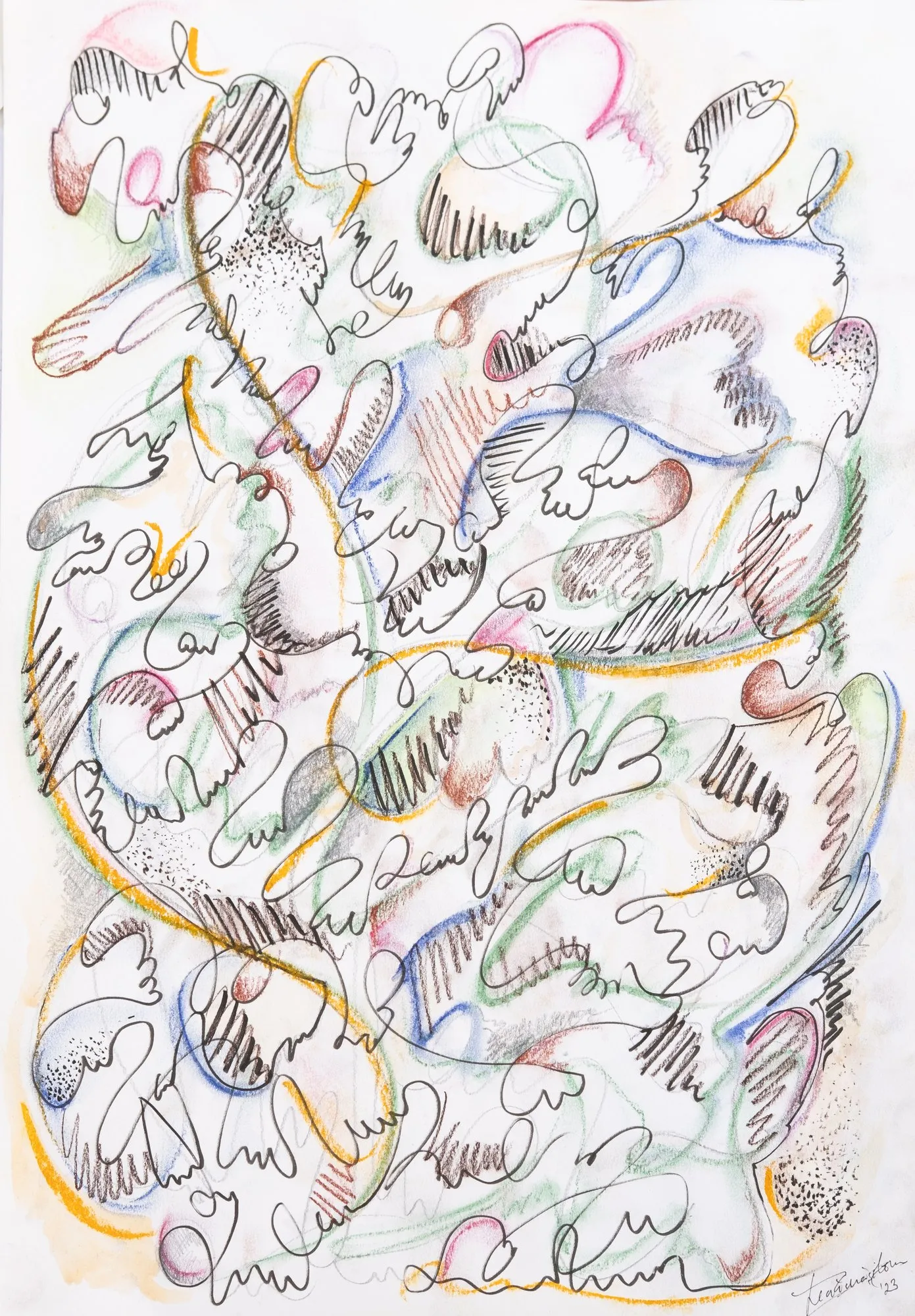 Tall abstract drawing of flowing ink shapes with pastel colour and hatching