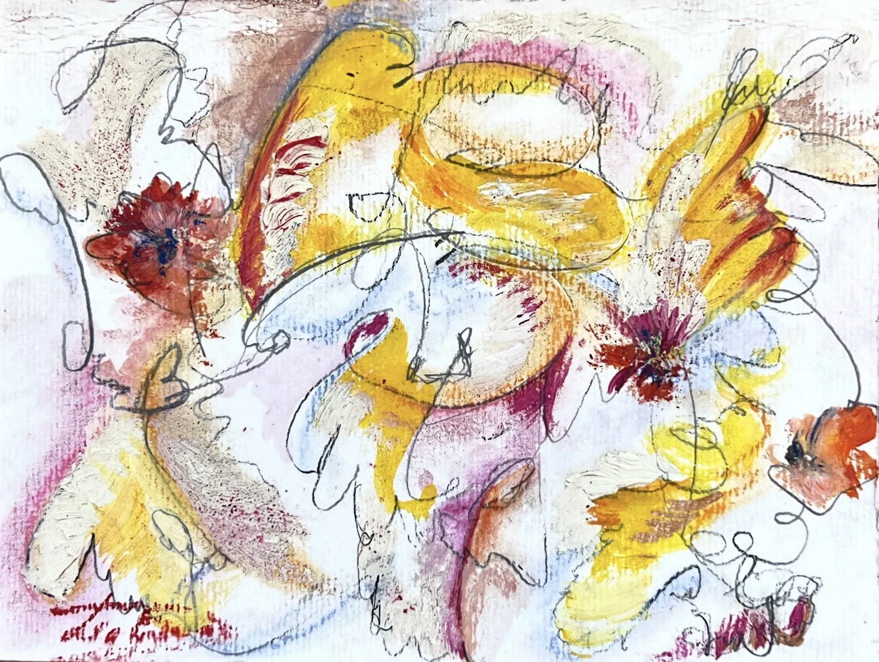 Abstract composition in yellow, red and pink with pencil scribbles